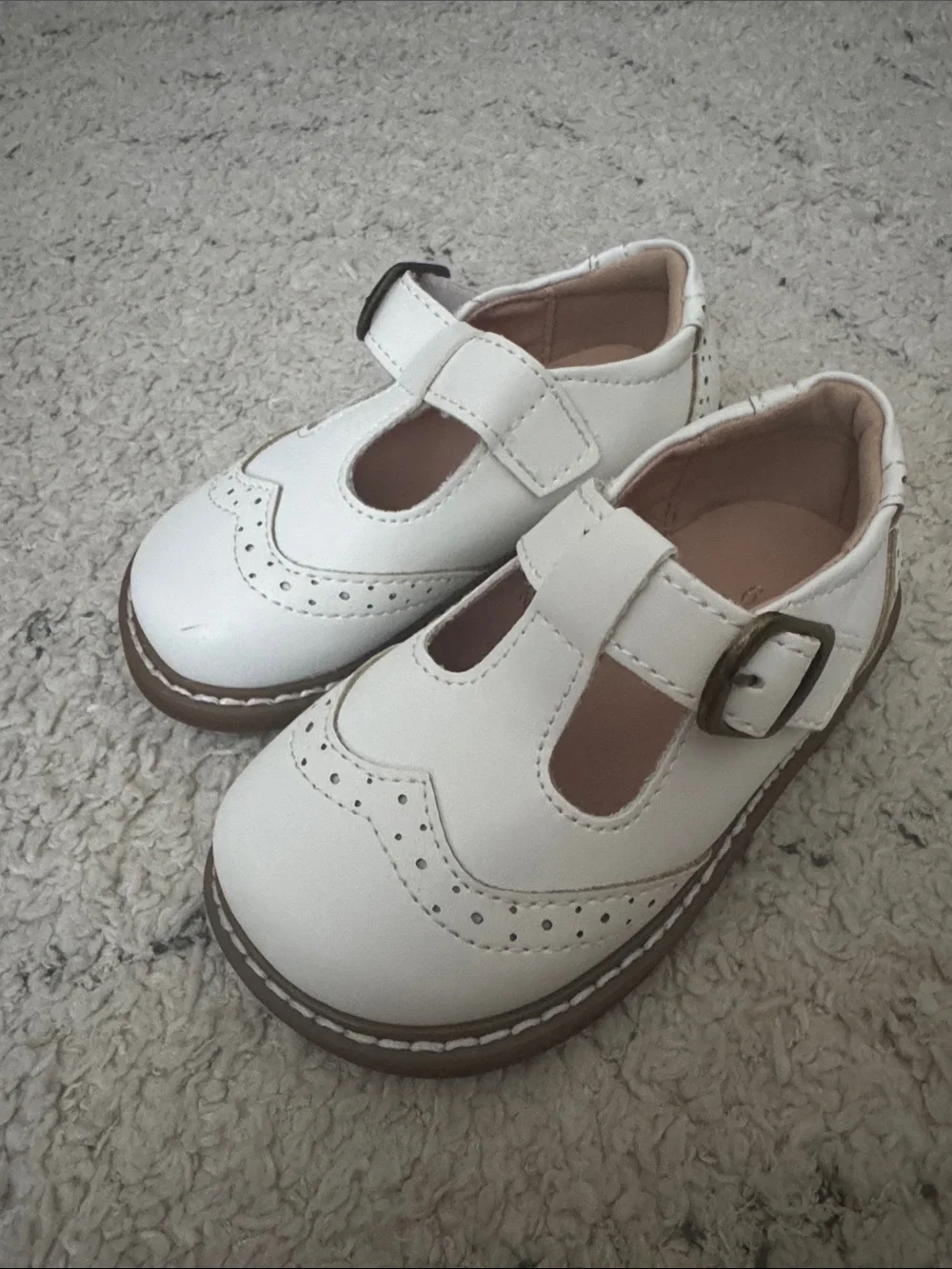 Classic White T-Bar Brogue Kids Dress Shoes